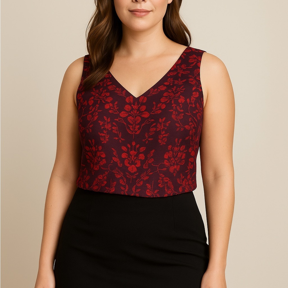 Cabi Burgundy & Red Floral Jacquard Sleeveless Top – Size XS